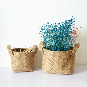 

Flower Plant Pot Cotton Linen Blended Storage Basket Double Handles Storage Laundry Basket Cloth Bag Toy Holder Bucket Organizer