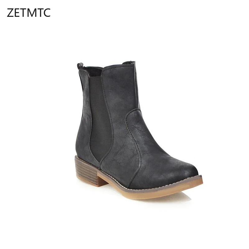 

shoes woman Ankle Chelsea Boots Round Toe Square heel Low 3cm Elastic band winter boots for women leather short female shoes
