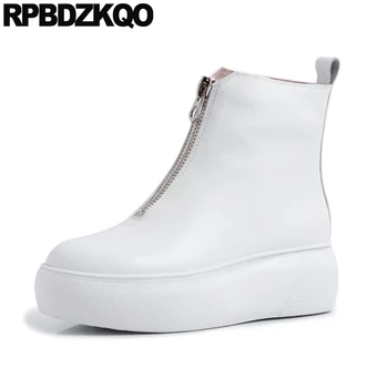 

new ankle platform round toe wedge flatform luxury brand shoes women white high heel quality booties boots muffin front zipper