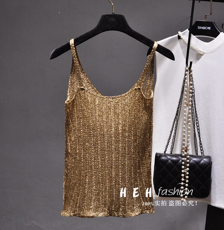 Золотые вязаные майки с люрексом, женская сексуальная открытая рубашка без рукавов, большой v-образный вырез, тонкая блестящая Базовая майка, женские летние топы