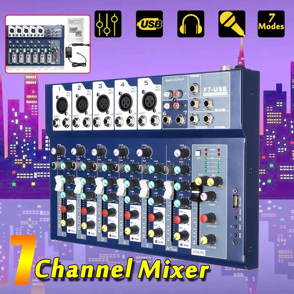 

LEORY 7 Channel USB Mini Portable Mixer Live Studio Audio Mixing Console DJ Sound MP3 Jack 48V For Karaoke KTV Match Party