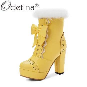 

Odetina Womens Rabbit Fur Platform Zip Up Block High Heel Ankle Boots Sweet Round Toe Bowknot Cosplay Lolita Shoes Plus Size 48