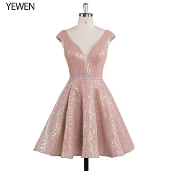 

Excellent Quality Gold Pink V-Neck A-Line Short Prom Dresses Open Back Sequin Homecoming Dress sparkly Party dress 2019