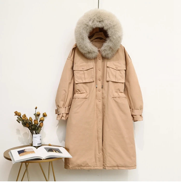 CRRIFLZ 90% White Duck Down Jacket Long Fox Fur Collar Hooded Coats Winter Jacket Women Real Fur Warm Button Pocket Down Parka