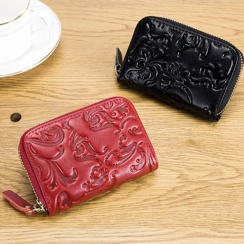 PU Floral Embossed RFID Blocking Small Wallet Credit Card Holder Case Organizer for Women