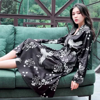 

2020 New Japanese Style Kimono Dress for Women Sexy Silk Nightgown Yukata Lounge Sleepwear Female V-neck Crane Print Nightdress