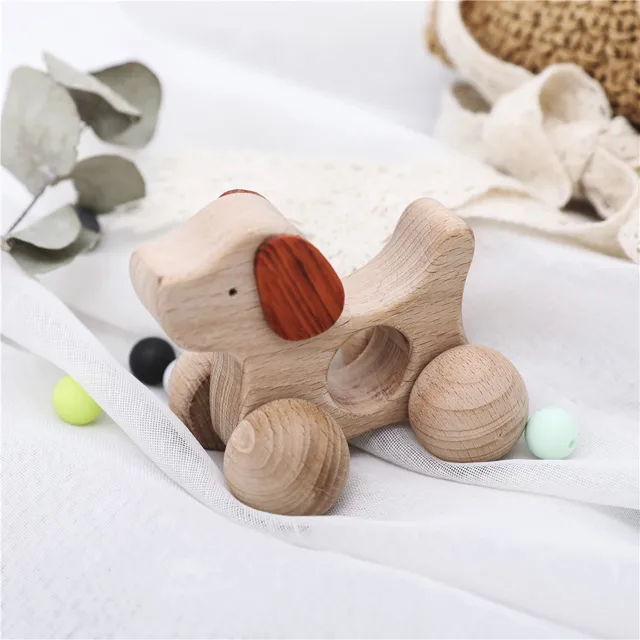 1PCS Baby Toys Wooden Car Cartoon Animals Shape Food Grade BPA Free Newborn Montessori Handmade Rattles Newborn Teether Toy Gift 3