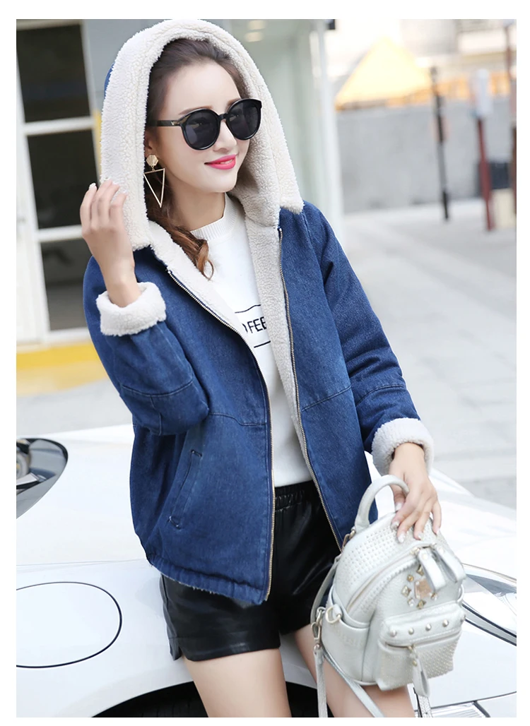 Photo Shoot Autumn And Winter New Style Korean-style Large Size Students Lambs Wool Hooded Jeans Coat Brushed And Thick Cot