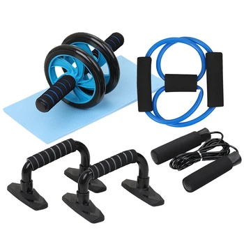 

5 In 1 Jump Rope No Noise Spring Exerciser Gym Trainer Push-Up Bar AB Wheel Roller Kit For Home Body Building Muscle Strength