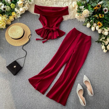 

Sexy Slash Neck Off-shoulder Blue/Green/Yellow/Black 2pcs Set Vintage Sleeveless Ruffle Hem Tops + Wide Leg Pants 2 Piece Set