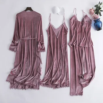 

Lace Sexy 4pcs Sleepwear For Women Autumn Velour Pink Strap Nightwear Casual Home Wear Solid Short Pajamas Set Lingerie