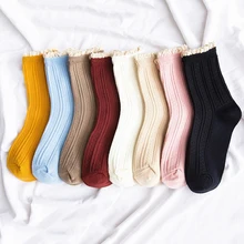 Женские носки, Осенние кружевные вязаные хлопковые одноцветные милые длинные носки, милые удобные милые носки с оборками для маленькой принцессы, 3 шт./лот