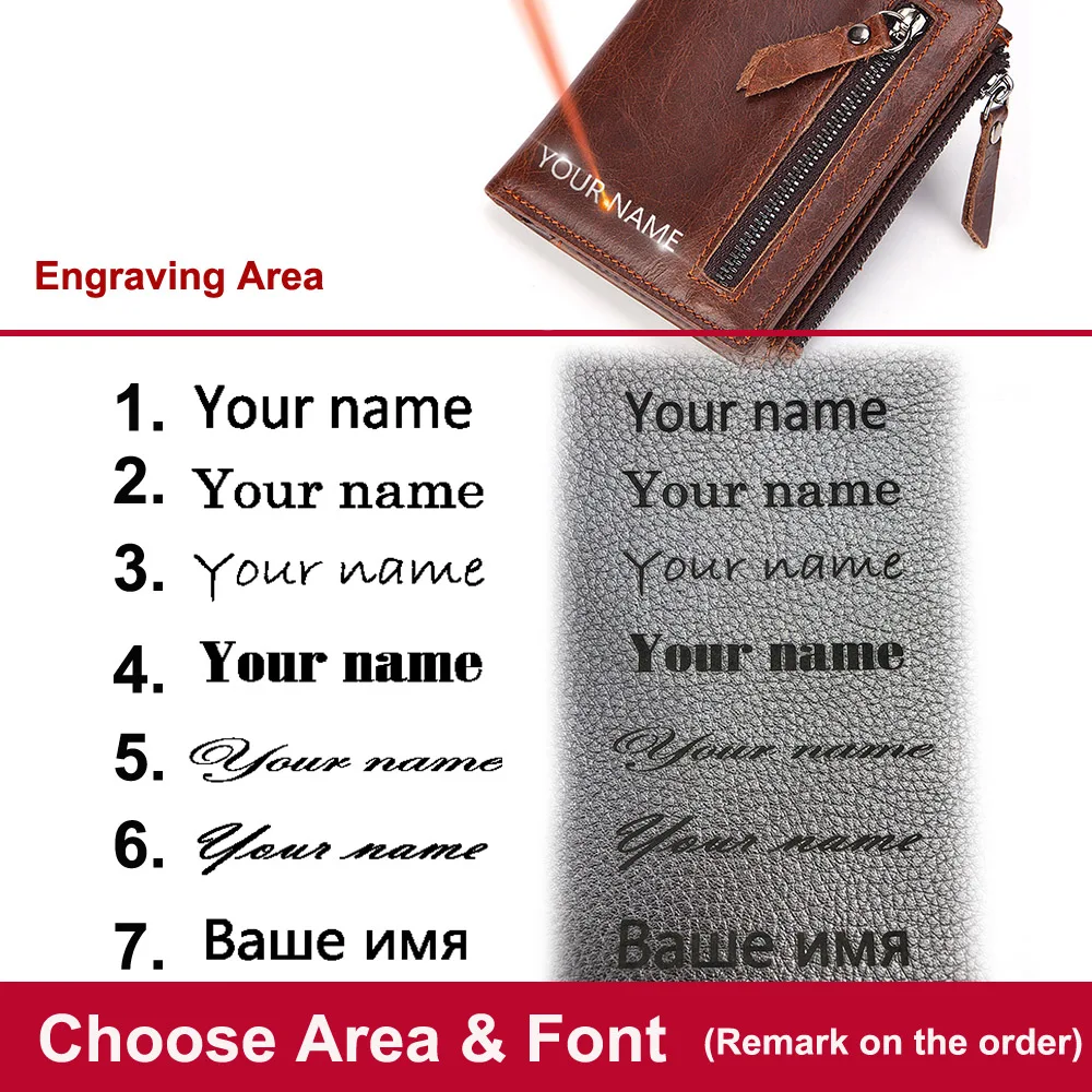 New Short Men Wallets Name Engraving Genuine Cow Leather Card Holder Retro Men Purse Double Zipper Coin Pocket Male Wallet 3
