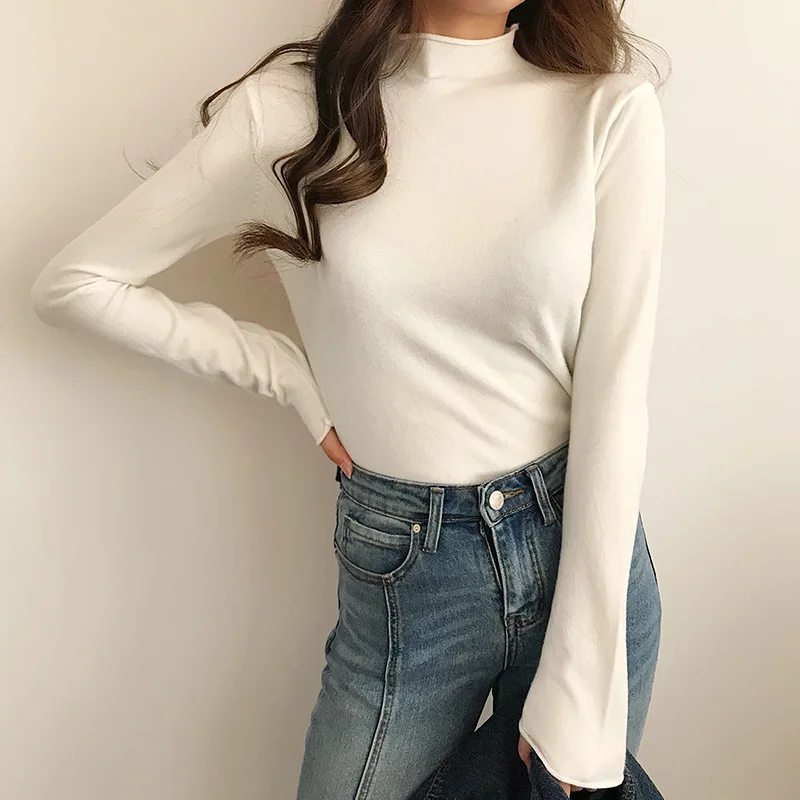 Korean Women Shirts Woman Long Sleeve Shirt Women Turtleneck Knitted T-Shirts Top Plus Size Women Solid Basic Shirt Pullover Top