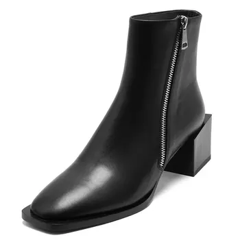 

2021 New Women Autumn Winter Boots Side Zipper Genuine Leather Thick Heels Shoes Woman 2020 Newest Working Office Lady Shoes