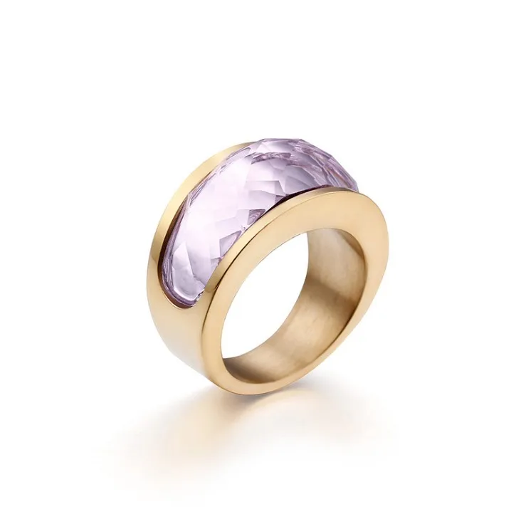 Gold Purple Pink Богемные болгарийские золотые кольца из нержавеющей стали для женщин размер 6-9 с разноцветными кристаллами кольца для девушек женские вечерние ювелирные изделия - Цвет основного камня: Gold Purple Pink