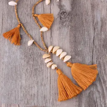 

KELITCH Seashell Cowrie Beads Pendant Necklaces Long Chain Handmade Wood Beaded String Boho Necklaces Choker Girls Jewery