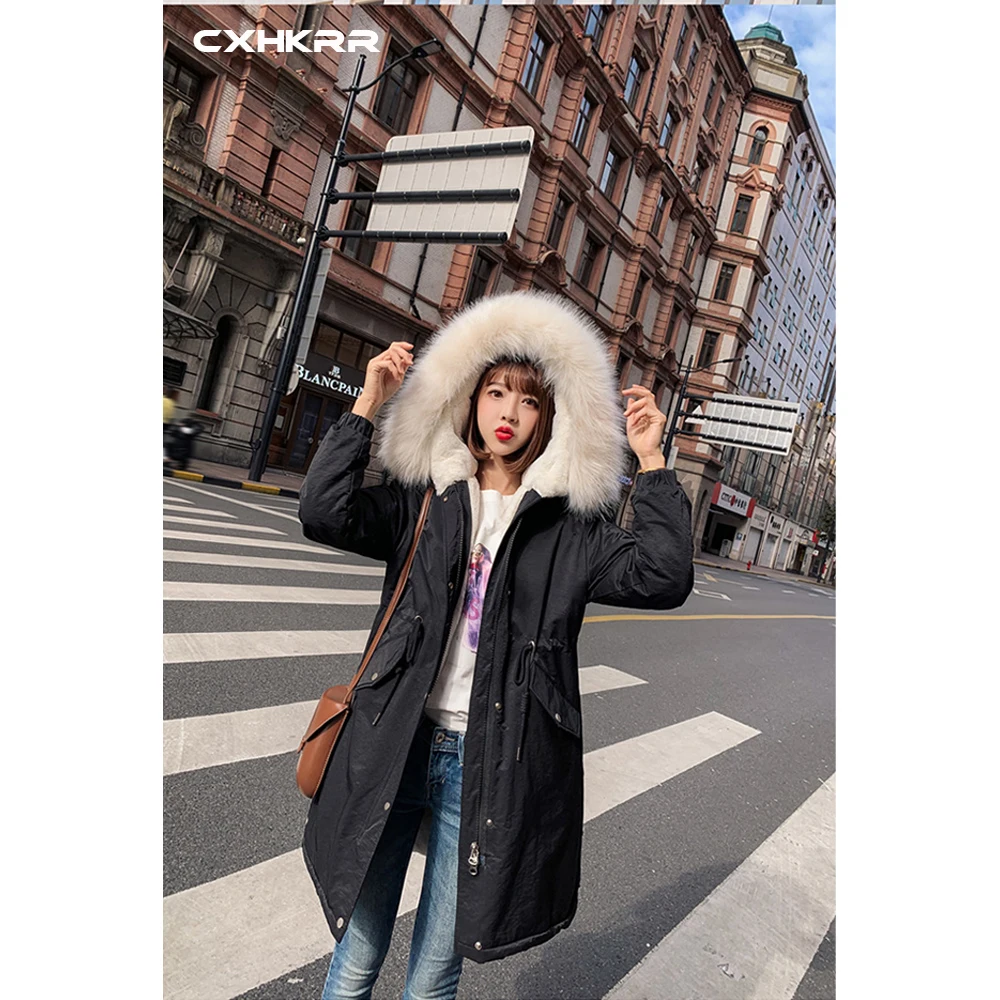 CXHKRR Fashion Long Parka Coat Jacket Oversized Cotton Jacket Women Winter Faux Fur Collar Hooded Jacket Cotton Women