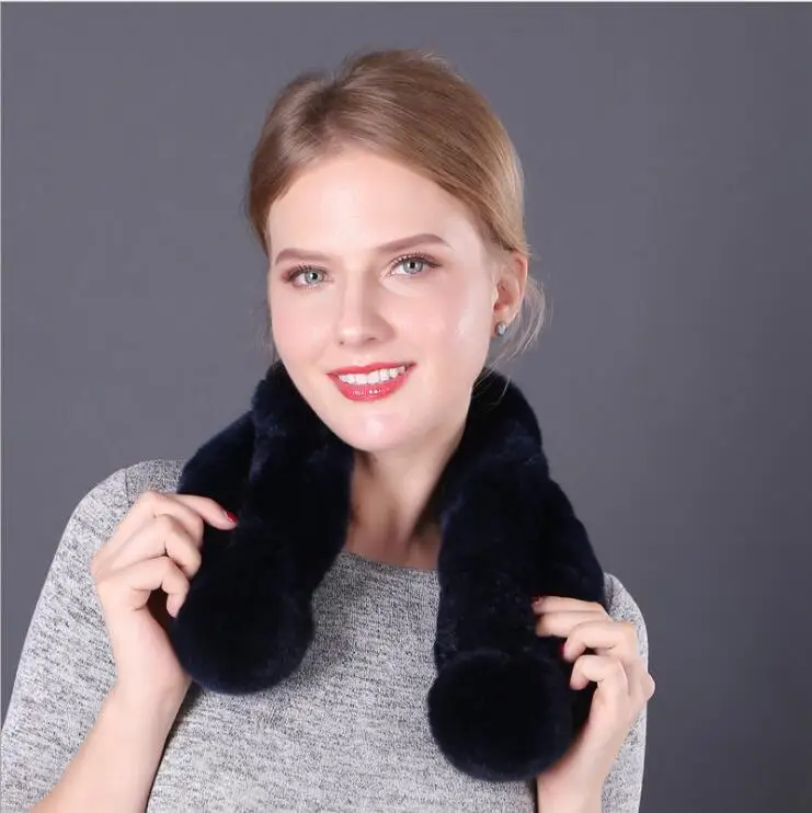 Navy blue scarf Зимний меховой шарф для женщин, модный двойной трубчатый плотный теплый кроличий мех, Одноцветный шарф-шаль для девушек, аксессуары для диких девушек - Цвет: Navy blue scarf