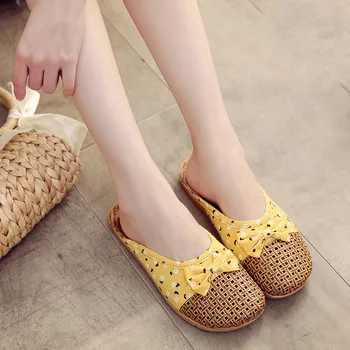 

Ariari Summer Home Slippers For Women Linen Weaving Floral Flowers Casual Slides Flip Flops Ladies Flat Sandals Flax Slippers