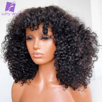 

Bob Curly Wig with Bangs Human Hair For Women Scalp Base Top Full Machine Made Wig With Bangs Remy Brazilian Hair Wig Luffywig