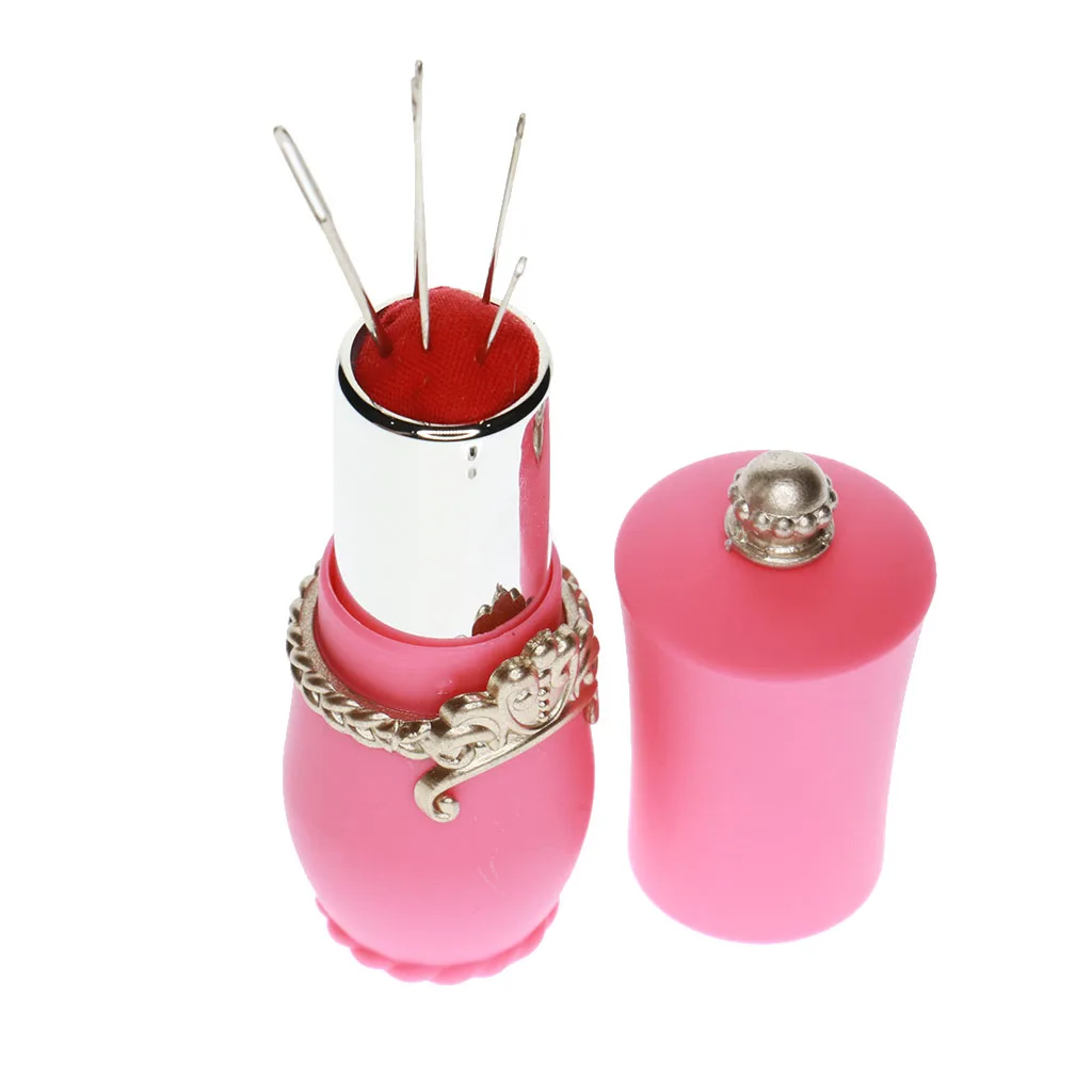 Lipstick Design Needles Pin Cushion Holder with 5pcs Sewing Needle Tools for Hand Needlework
