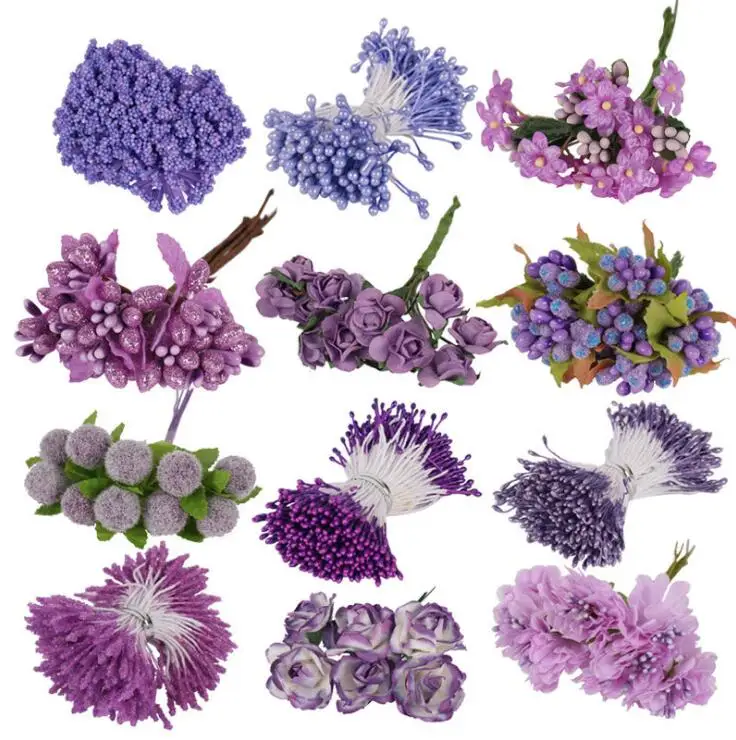 

6/8/10/12/50/70/90pcs Purple Craft Flowers Stamen Berry Fruit Diy Gift Box Wreath Scrapbook Fake Flowers Artificial Flowers