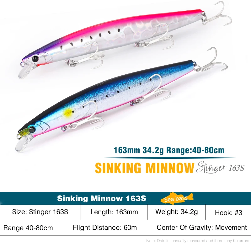 TSURINOYA 163S 34.2g Sinking Saltwater Minnow Lures 163mm STINGER