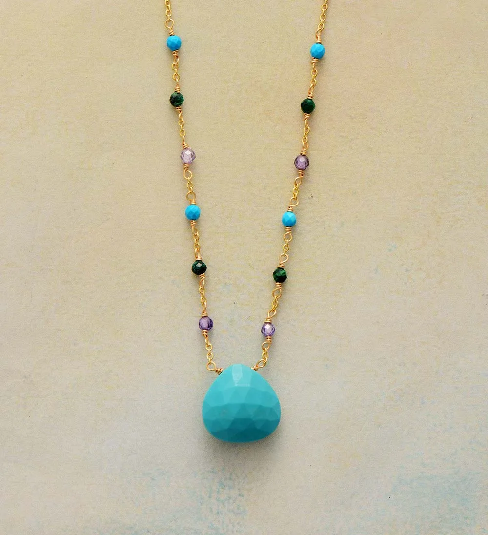 Simple Natural Stones Turquoises Pendant Necklace Women Exquisite Teardrop Beaded Choker Necklace OL Jewelry Gifts Wholesale