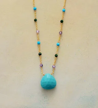 Simple Natural Stones Turquoises Pendant Necklace Women Exquisite Teardrop Beaded Choker Necklace OL Jewelry Gifts Wholesale