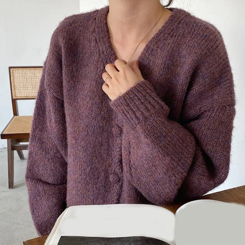 Purple sweater women RICININA, Зимний вязаный кардиган с v-образным вырезом, длинный рукав, пуговицы, однотонный Повседневный свитер для женщин,, весенние элегантные свитера для девушек - Цвет: Purple sweater women
