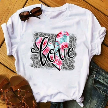 

Women 2020 Fashion Leopard Flower Sweet Love Lady Ladies Womens Tee T-Shirt Graphic Female Valentine's Day Top T Shirt T-shirts