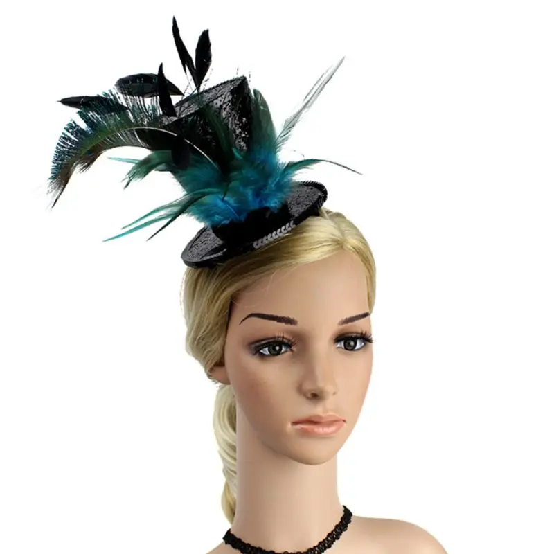 New Womens Steampunk Victorian Sequins Mini Top Hat with Feathers Cosplay Hair Clips - Цвет: 4