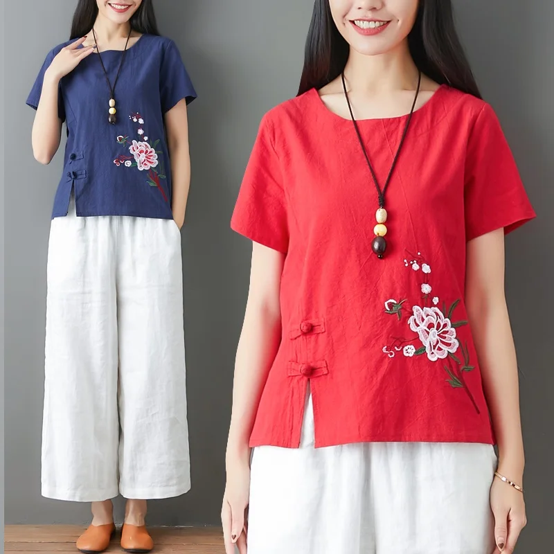 

Short Sleeve Women Shirts Summer Flower Tops Chinese Style T Shirt Female Round Neck Tang Shirt Elegant Chinese Tops M-XXL