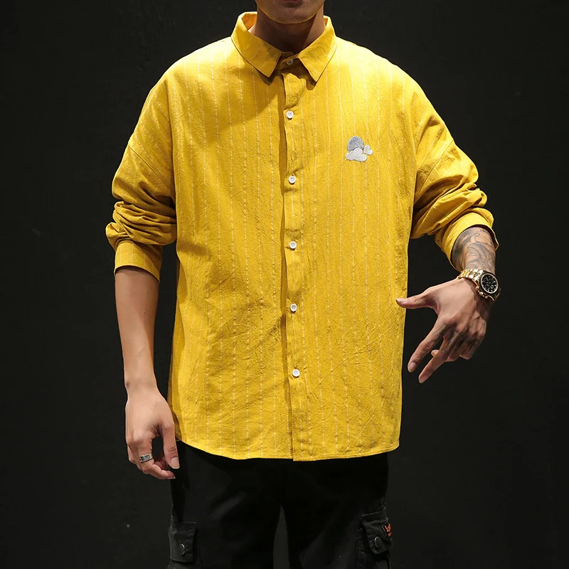

2019 Spring And Autumn Men's New Striped Contrast Color Long-sleeved Lapel Shirt Loose Temperament Trend Cotton Streetwear M-5XL