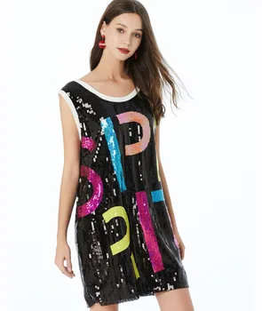 

2020 women Letter Printed Sequin Loose Long Shirt Round Neck Short Sleeve Mini Dress