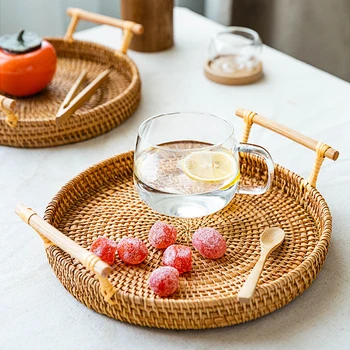 

Kitchen Handmade Fruit Basket Tea Tray Rattan Weaving Bread Storage Organizer For Food Picnic Container Rattan Tray Round Decor