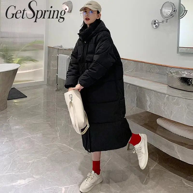GetSpring Женская парка, зимняя верхняя одежда, куртка, пальто, с капюшоном, зимнее женское пальто, свободный крой, длинная женская пуховая парка, женские пуховые пальто, зима