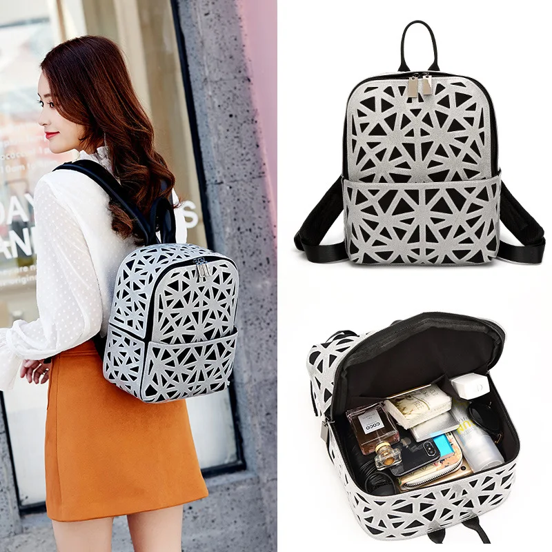

WOMEN'S Bag 2019 Spring And Summer New Style Japanese Style Hollow out Backpack Fluorescent Bright Surface Geometry Joint Travel