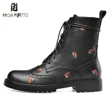 

Prova Perfetto Retro Embroidery Ankle Boots Women Shoes Autumn Winter Cow Leather Motorcycle Boots Zipper Low Heel Ladies Boots