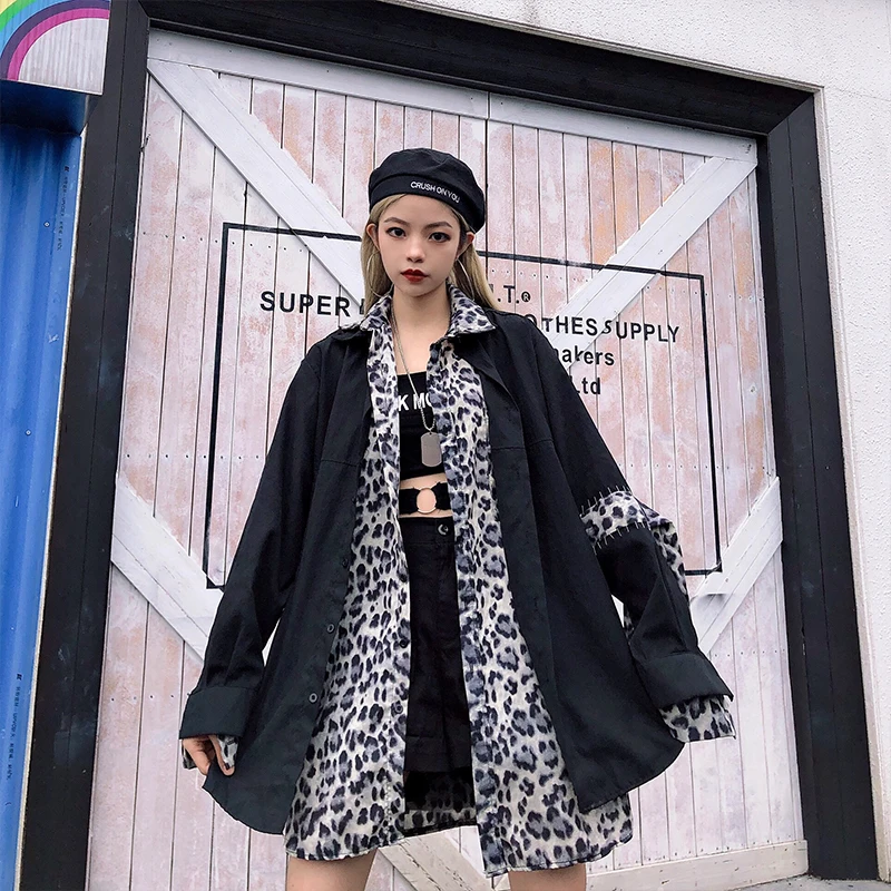 

Plus Size Oversized Loose Patchwork Leopard Blouse Harajuku Streetwear Korean Women Shirt Punk Top Tee Cardigan/Long/Windbreaker