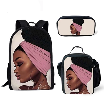 

Children 's School Bags 3pcs / set for Girls Kid Backpack Women Schoolbag Mochila Escolar Print Art African Girls Black