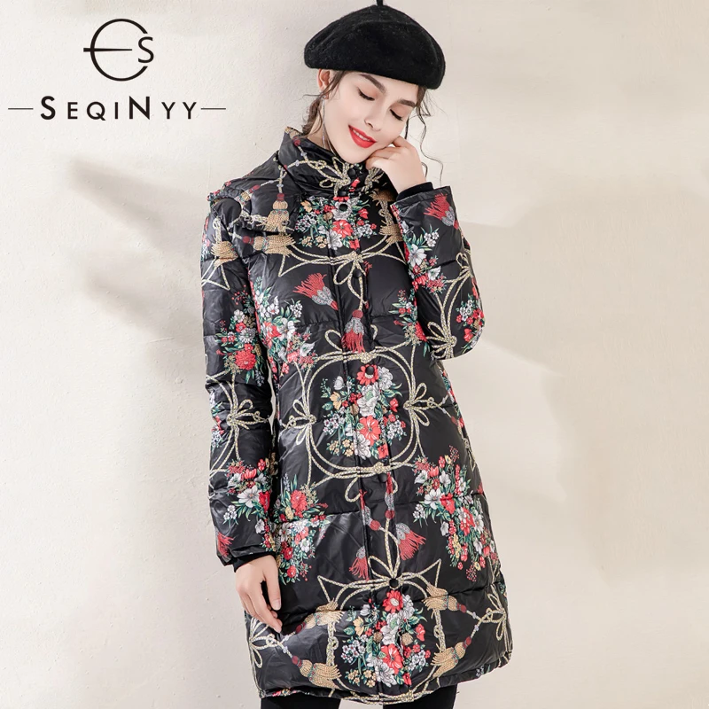 SEQINYY/зимнее пальто, Осеннее, новое, модное, дизайнерское, женское, с длинными рукавами, с цветочным принтом, с толстой кисточкой, с принтом, черный, теплый, Длинный топ
