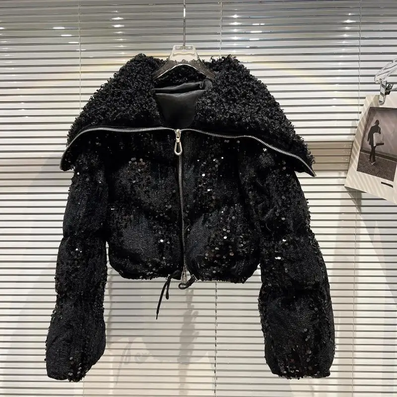 2024 New Hand Brushed Navy Collar Covered with Sequin Velvet Short Cotton Star Coat Winter Clothes Women Bubble Jacket Puffer