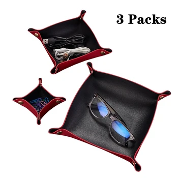 

Valet Trays PU Leather 3 Pack, Small Catchall Tray for Key Jewlery Glasses Cables Coin Watches, Bedside Office Storage Tray Box