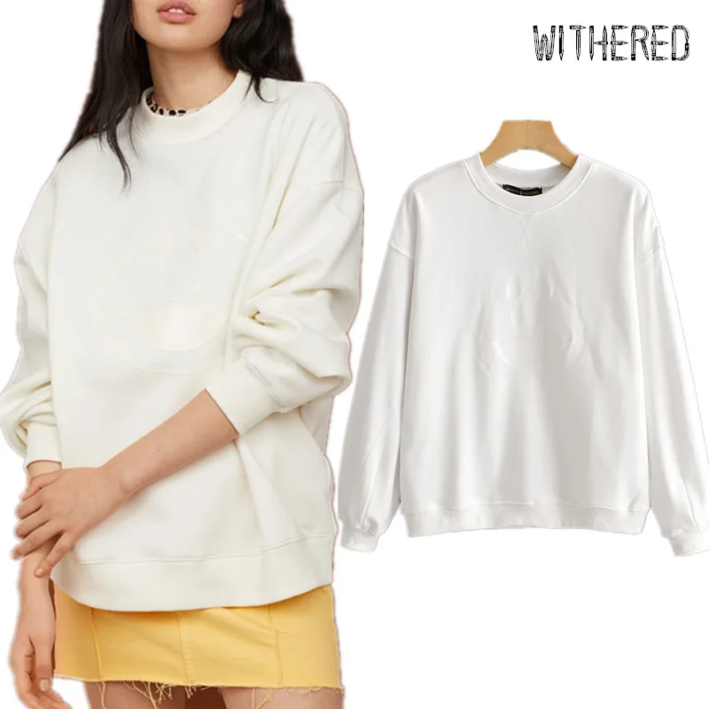 

Withered BTS hoodies sweatshirt high street cartoon white color o-neck terry cotton oversize loose plush pullovers women tops