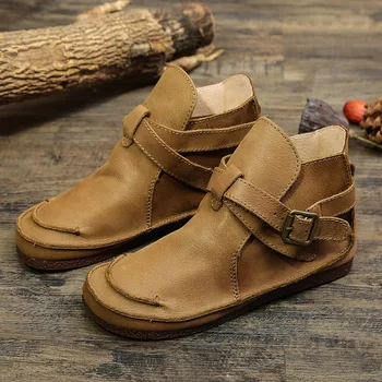 

Women Autumn Shoes New Hand Made Martin Boots Women Genuine Leather Boots Retro Ankle Boots Buckle Strap Casual Flat Shoes