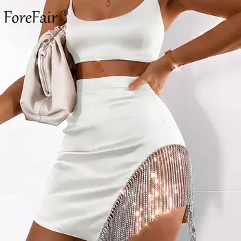 

Forefair Diamond Club Dress Mini Two Piece Bodycon Sexy Spaghetti Strap High Waist Satin Summer Women Party Dress