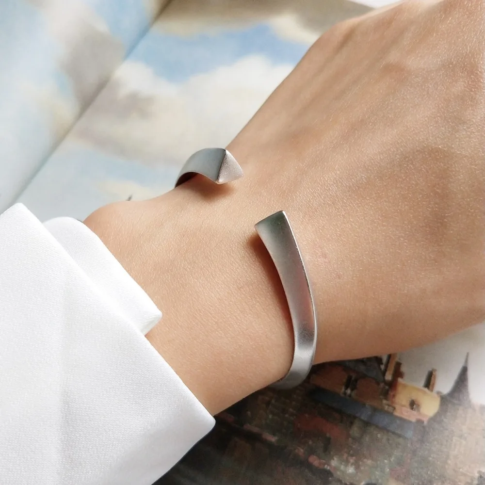 Authentic 925 Sterling silver Open Bangle GEOMETRIC Triangular Frosted Bracelet Cuff BraceletS TLS213