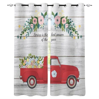 

Spring Red Trolley Flower Wood Grain Printed Window Curtains Living Room Bedroom Curtains Polyester Cloth Home Decor